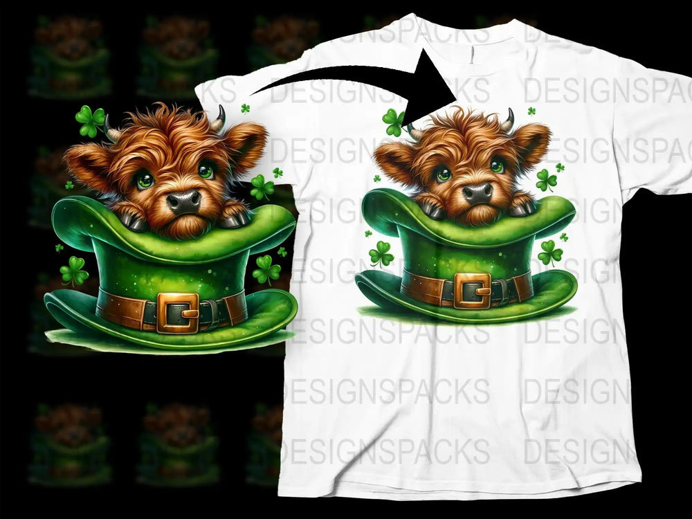Cute Highland cow in green St. Patrick's hat with shamrocks, print-ready design for t-shirts