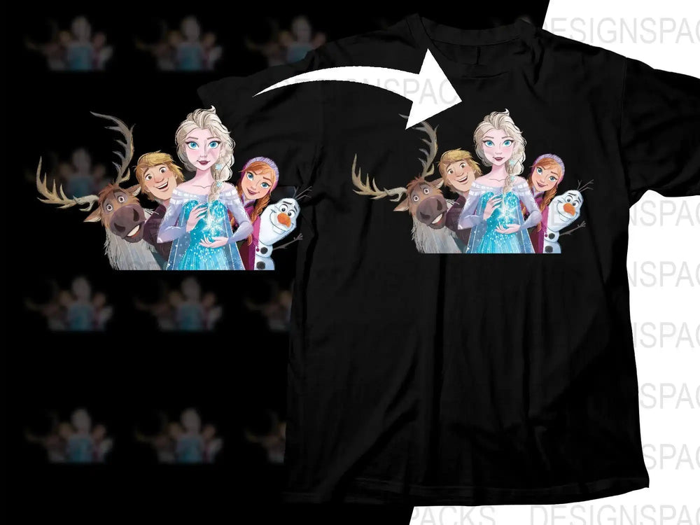 Frozen characters Elsa, Anna, Olaf, Kristoff, Sven on black t-shirt, print-ready design for DTF DTG