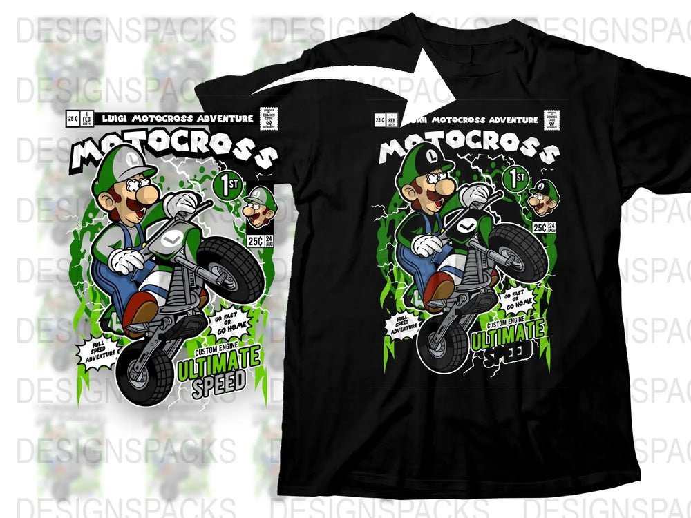 Luigi motocross adventure t-shirt design with comic book style, ultimate speed, custom engine, 1st place, DTF/DTG ready