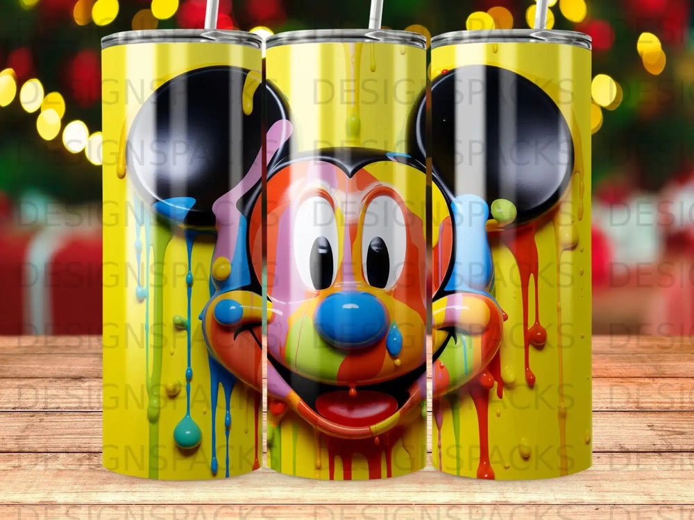 Colorful melting Mickey Mouse design on a yellow background.