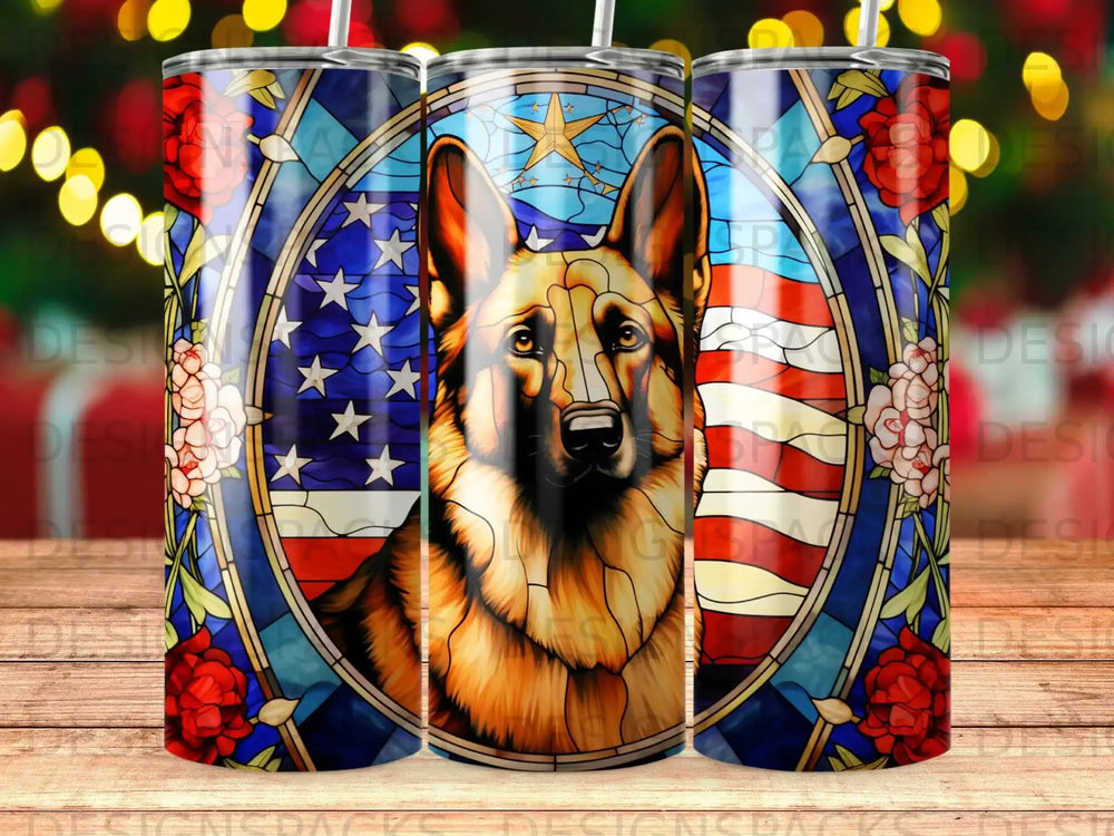 German Shepherd wearing a hat with American flag and rose stained glass pattern.