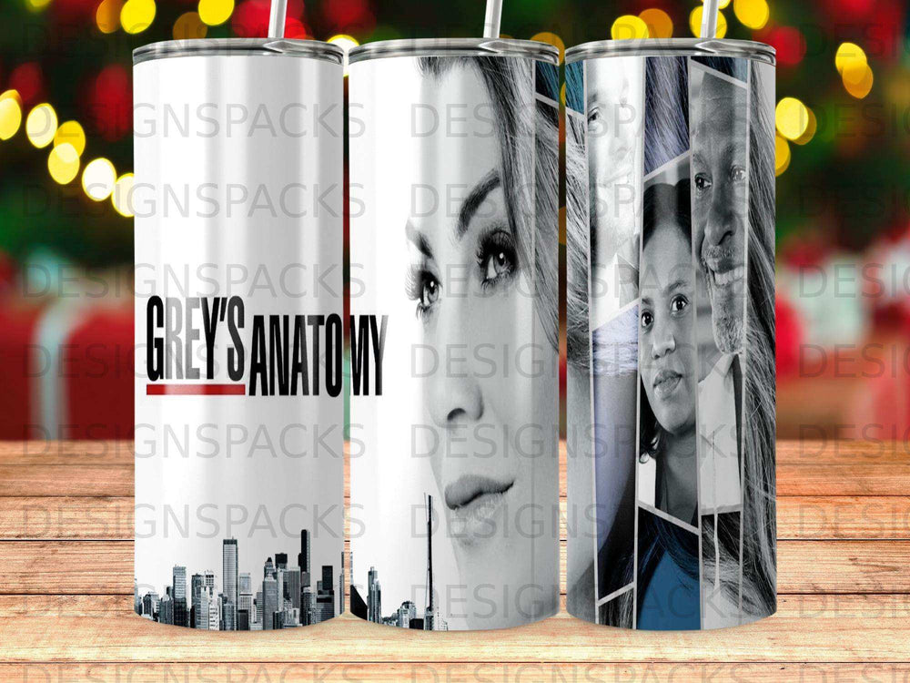Grey's Anatomy tumbler with character collage and city skyline.