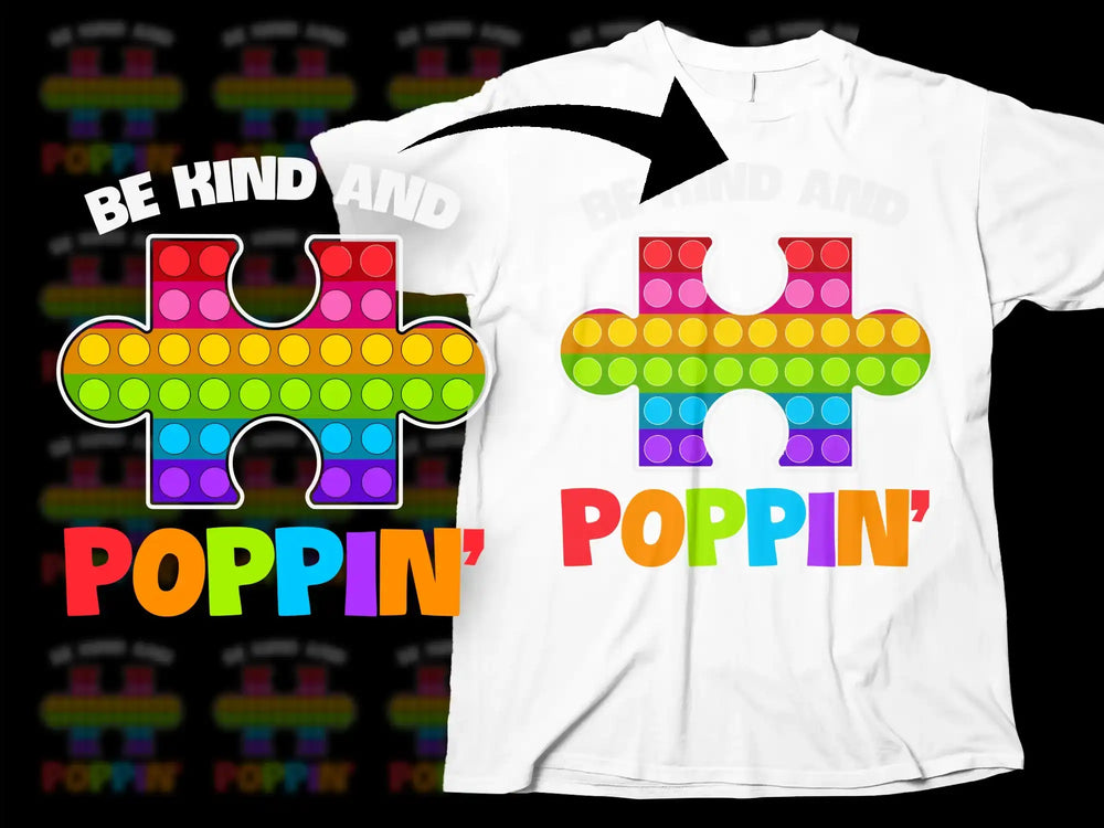 Colorful Autism Awareness Puzzle Piece T-Shirt, Be Kind and Poppin' Rainbow Tee