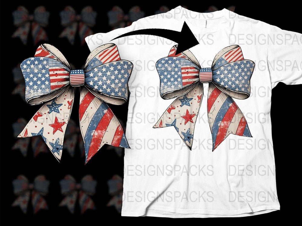 Patriotic American Flag Bow T-Shirt, Stars and Stripes Design, USA Independence Day Apparel