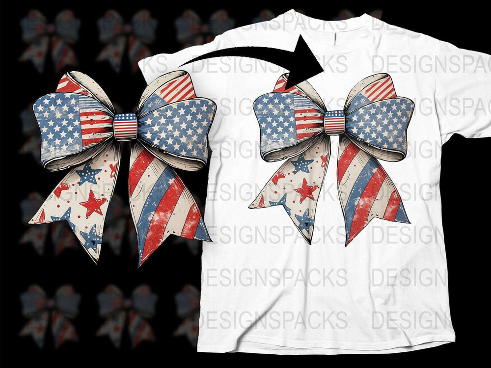 Patriotic American Flag Bow T-Shirt, Stars and Stripes Design, USA Independence Day Apparel