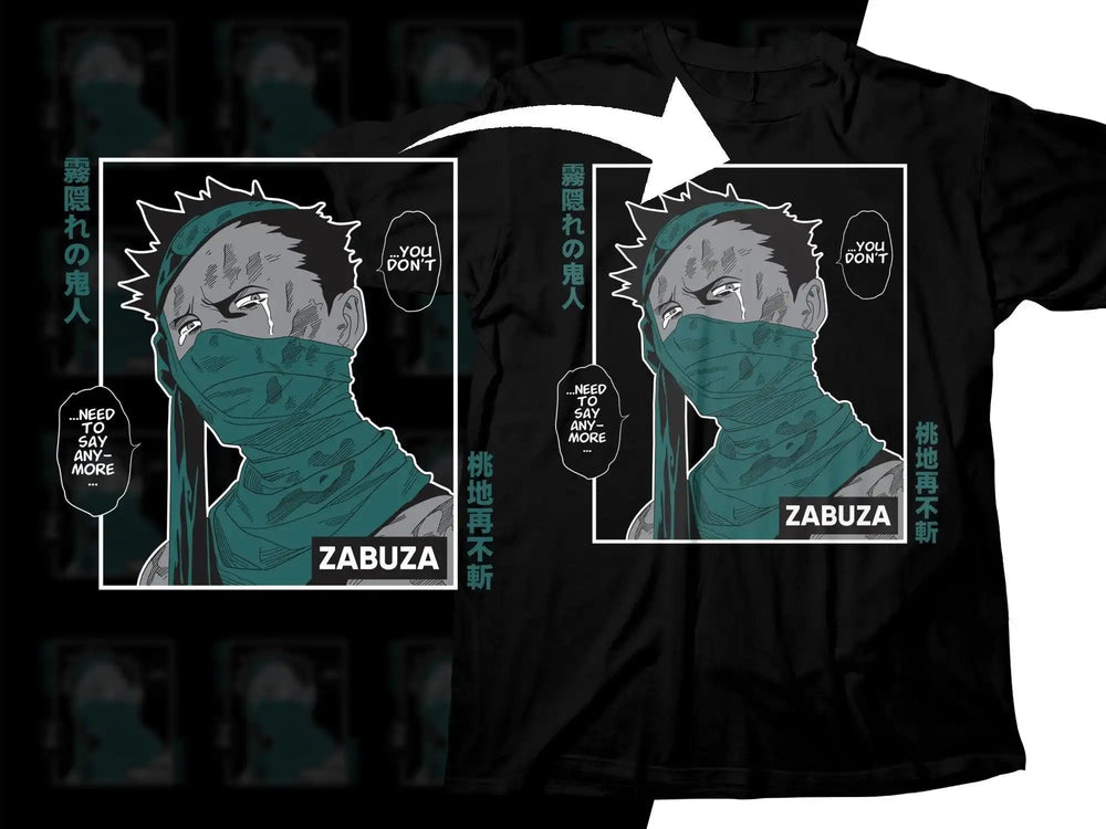 Zabuza anime t-shirt design with manga-style art, teal mask, and Japanese text for DTF/DTG printing