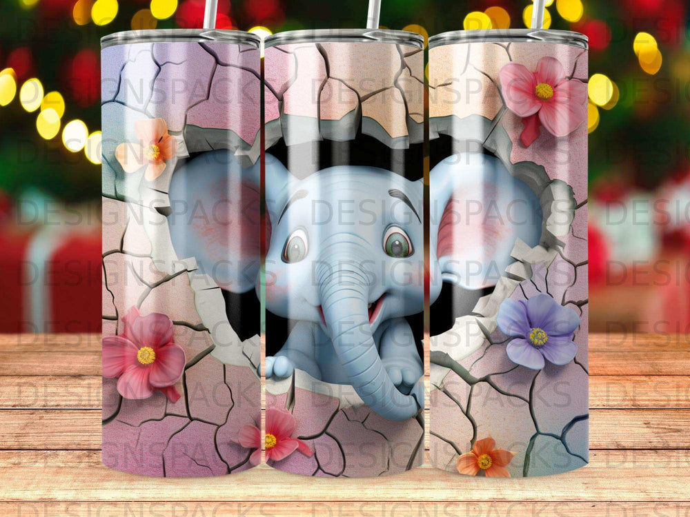 Cute baby elephant peeking through cracked wall with flowers.