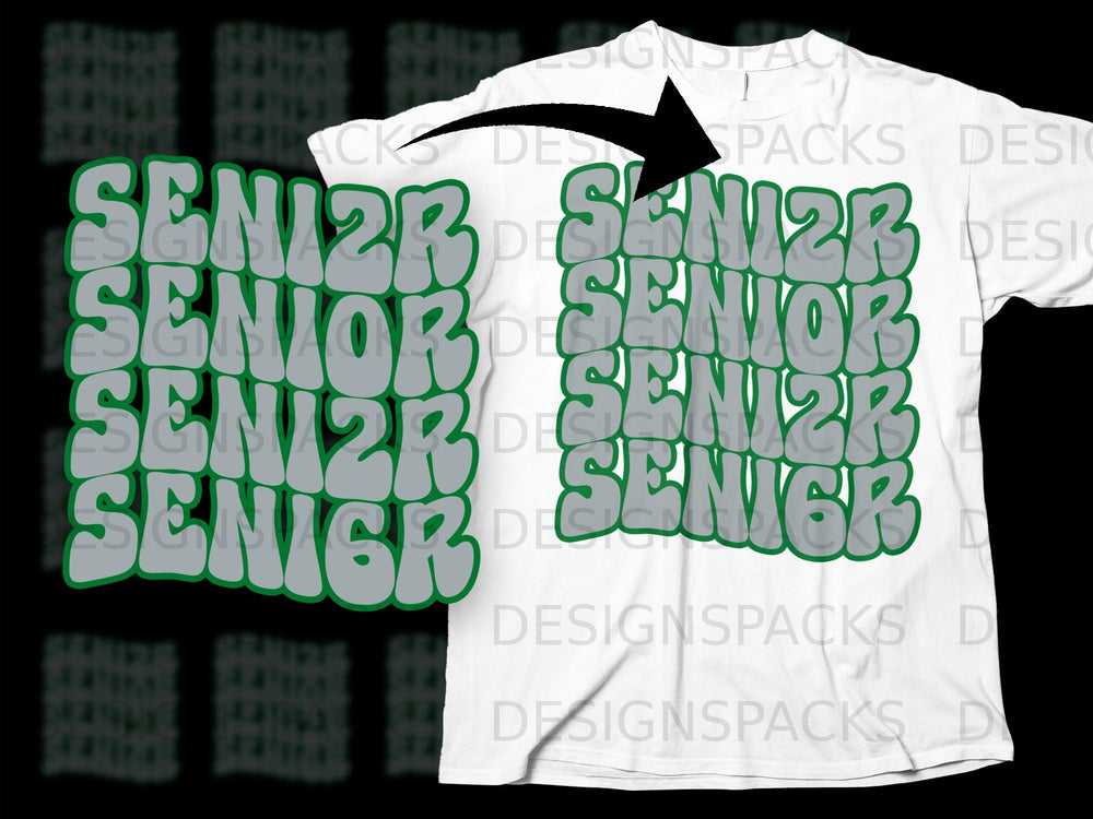 "SENIOR" text design in green and gray, stacked on a white t-shirt.