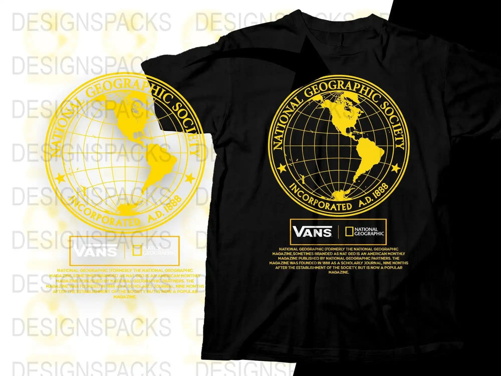 Black t-shirt with National Geographic Society logo and Vans collaboration design, print-ready graphic.