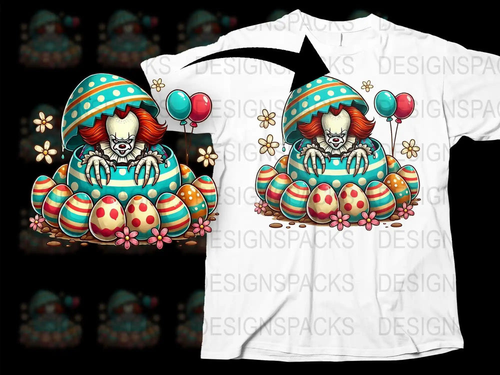 Scary clown in Easter egg design for t-shirt, print-ready PNG SVG for DTF DTG