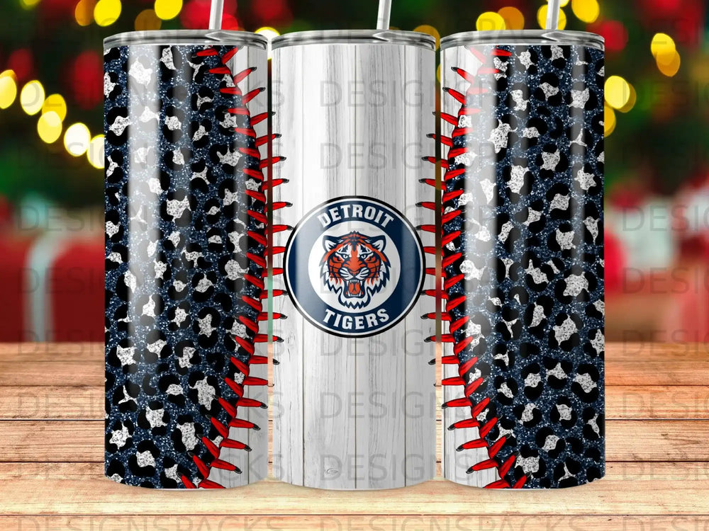 Detroit Tigers tumbler with baseball and leopard print design.