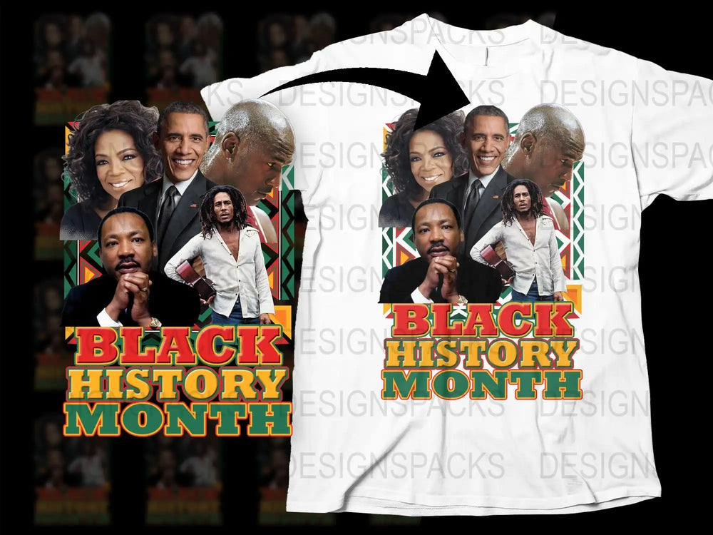 Black History Month t-shirt design with iconic figures and vibrant colors