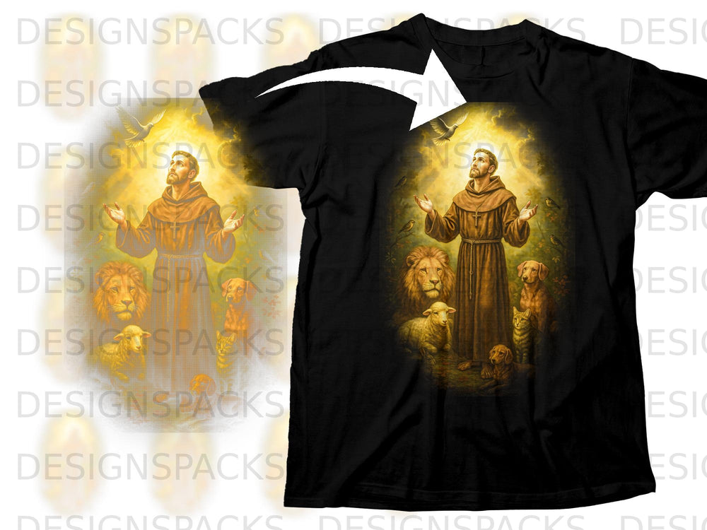 Saint Francis surrounded by animals with a dove above him.