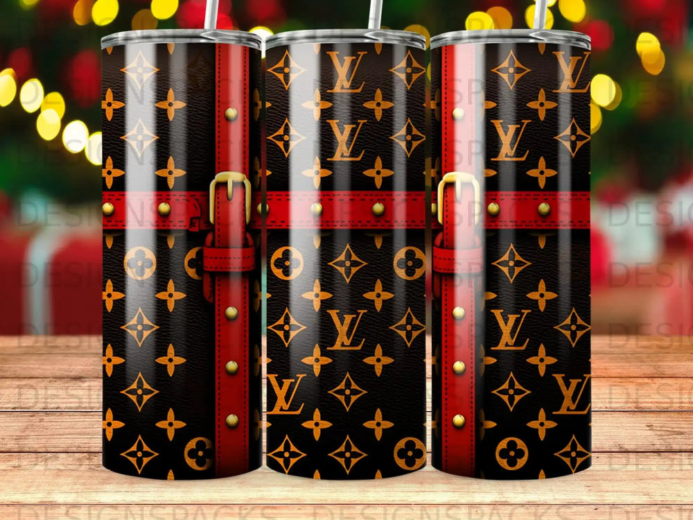 Black tumbler with repeating LV-style pattern and red strap detail.
