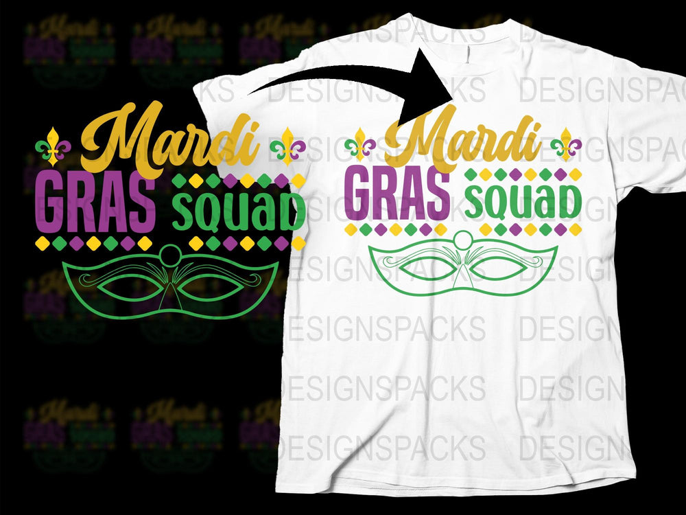 Mardi Gras Squad T-Shirt, Colorful Masquerade Masks, Festival Apparel, Unisex Carnival Tee, Party Wear, Lightweight Cotton Shirt