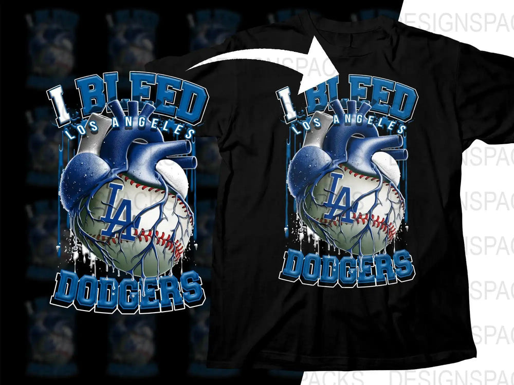 I Bleed Los Angeles Dodgers t-shirt design with heart-shaped baseball graphic, ideal for DTF/DTG printing