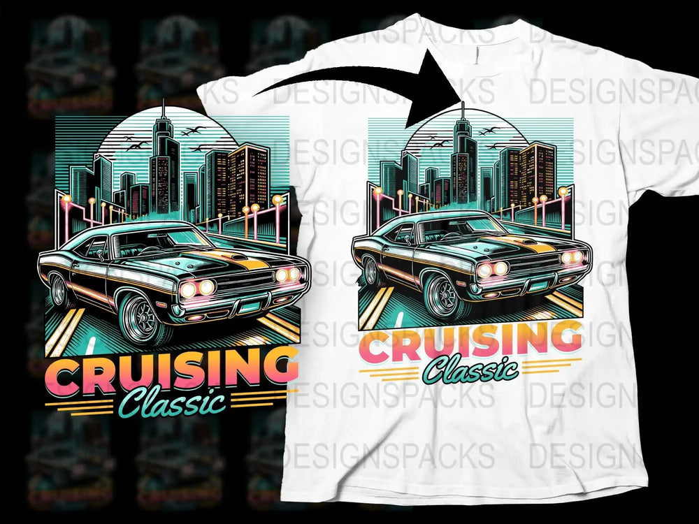 Cruising Classic muscle car design on white t-shirt, cityscape background, print-ready graphic