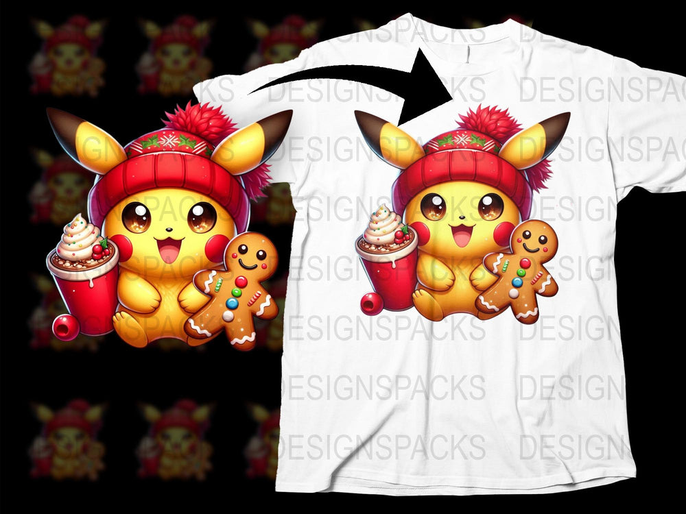 Cute Christmas Pikachu T-Shirt, Anime Holiday Shirt with Gingerbread, Festive Kids and Adult Tee