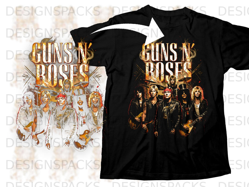 Black t-shirt featuring Guns N' Roses band members and logo with fiery accents.