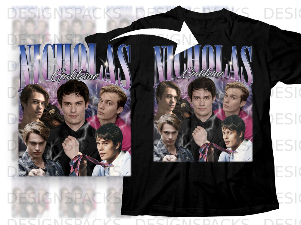 Black t-shirt with "NICHOLAS Galitzine" text and montage of young men.