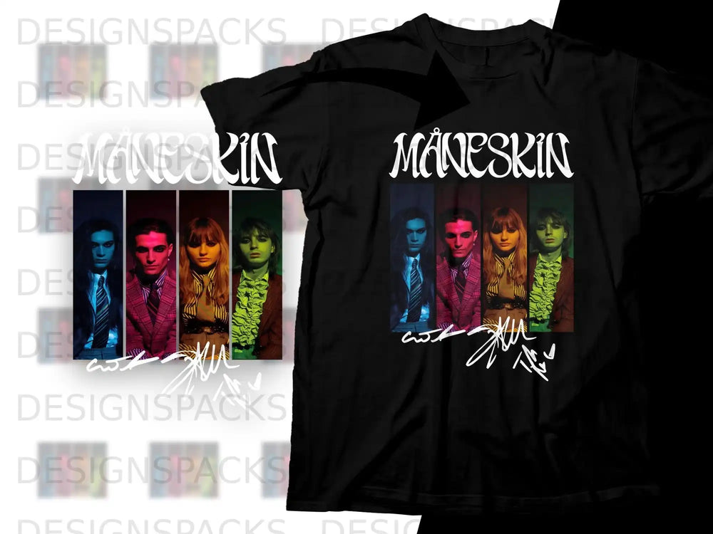Måneskin band members in colorful outfits, with band logo and autographs.