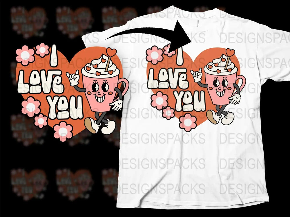 Cute coffee cup design with 'I Love You' text, heart, and flowers for t-shirts