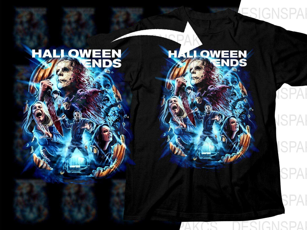 Halloween Ends horror movie design on black t-shirt, perfect for fans of scary films and print-ready graphics.