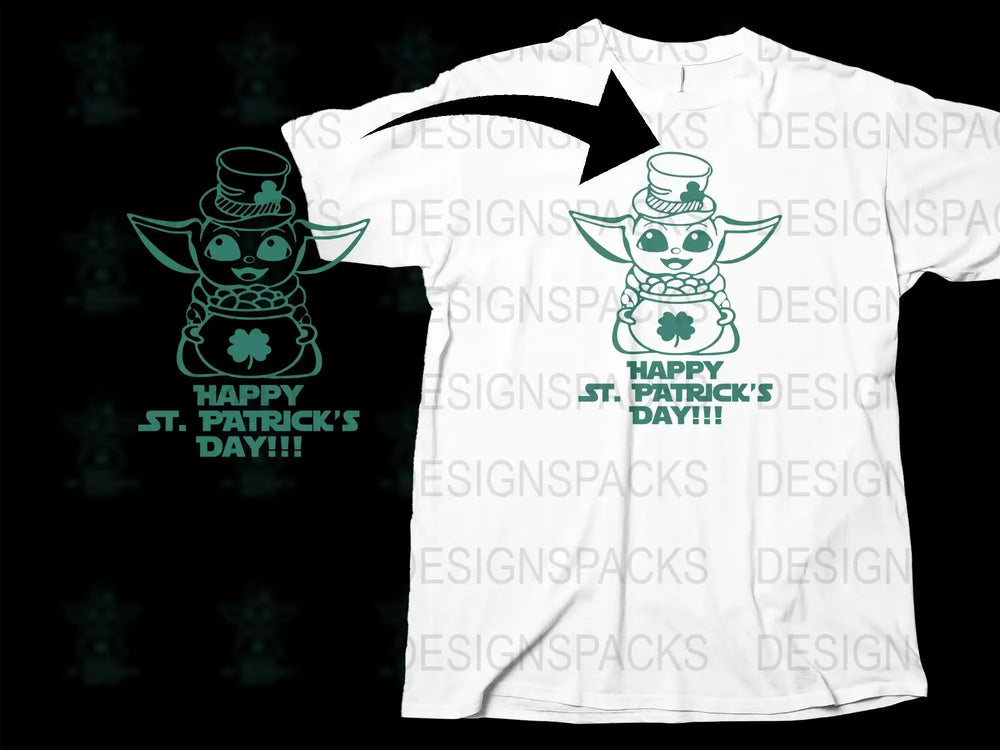 St. Patrick's Day t-shirt design with green Yoda holding shamrock pot, 'Happy St. Patrick's Day!!!'