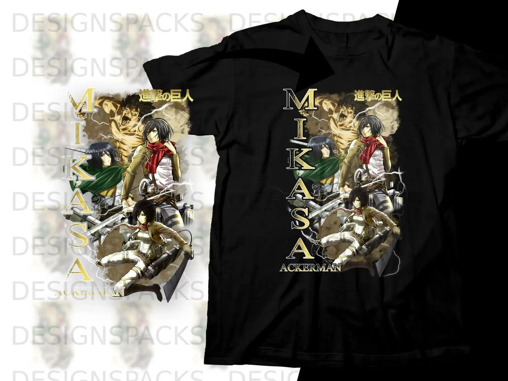 T-shirt featuring Mikasa Ackerman from Attack on Titan in action pose.
