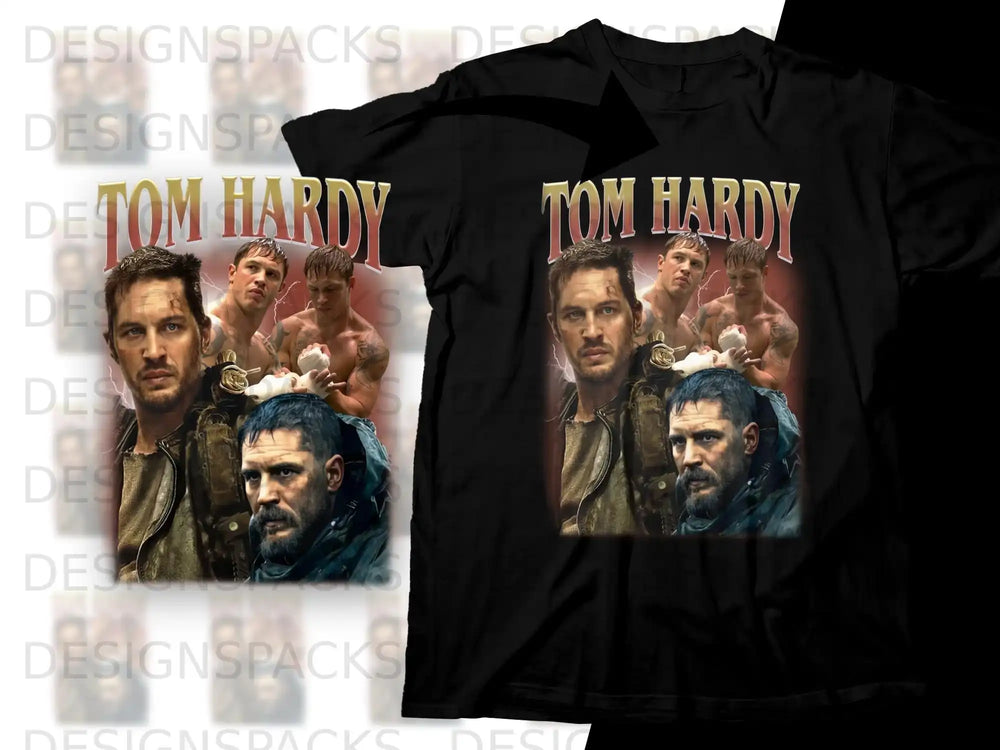 Tom Hardy montage on black t-shirt.