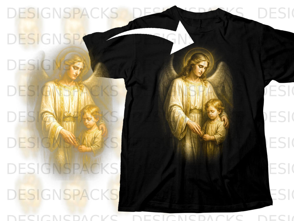 Black t-shirt with guardian angel protecting a child graphic.