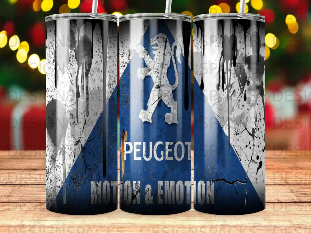 Peugeot lion logo on distressed blue background with "Motion & Emotion" text.