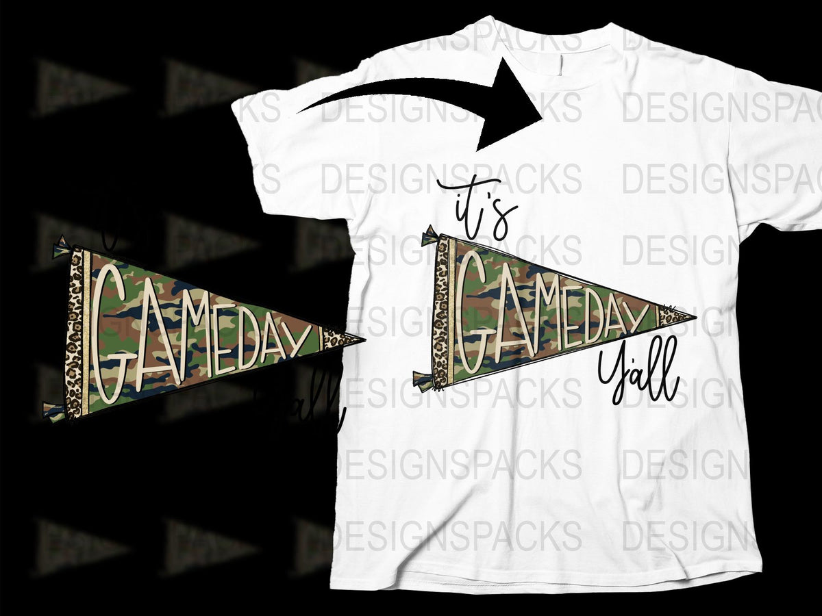 Gameday Y'all T-Shirt, White Tee with Camouflage Pennant Design, Sports Event Casual Wear