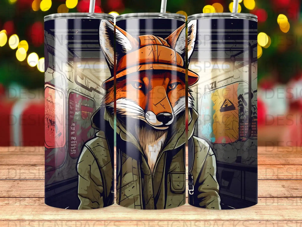 Fox wearing a hat and jacket in a subway car.