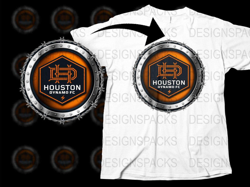 Houston Dynamo FC soccer team logo design for t-shirt, print-ready DTF/DTG bundle with metallic frame and barbed wire detail