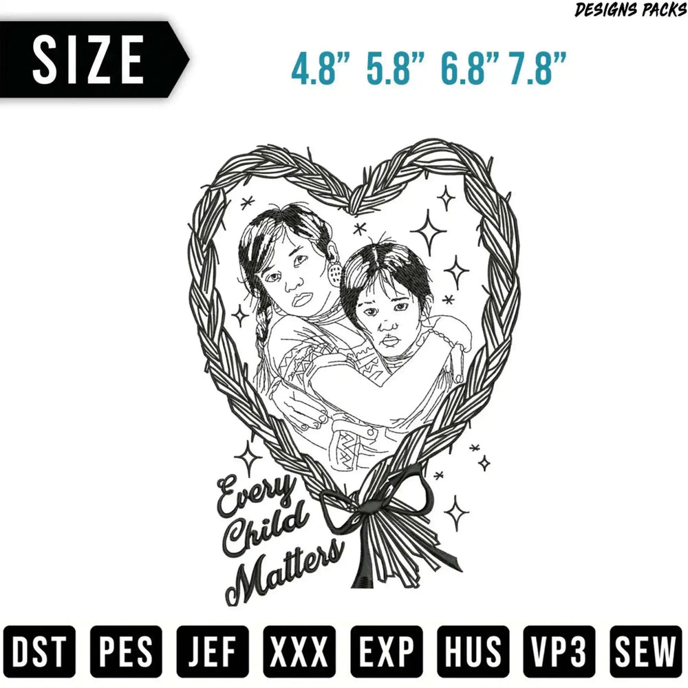 Embroidery design of two children in a heart, "Every Child Matters," with file types.