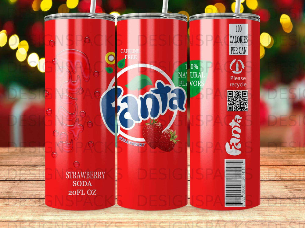 Fanta Strawberry Soda 20 fl oz can with "100 Calories Per Can" text.