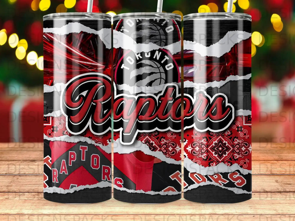 Toronto Raptors team logo on a cracked red and black patterned tumbler.