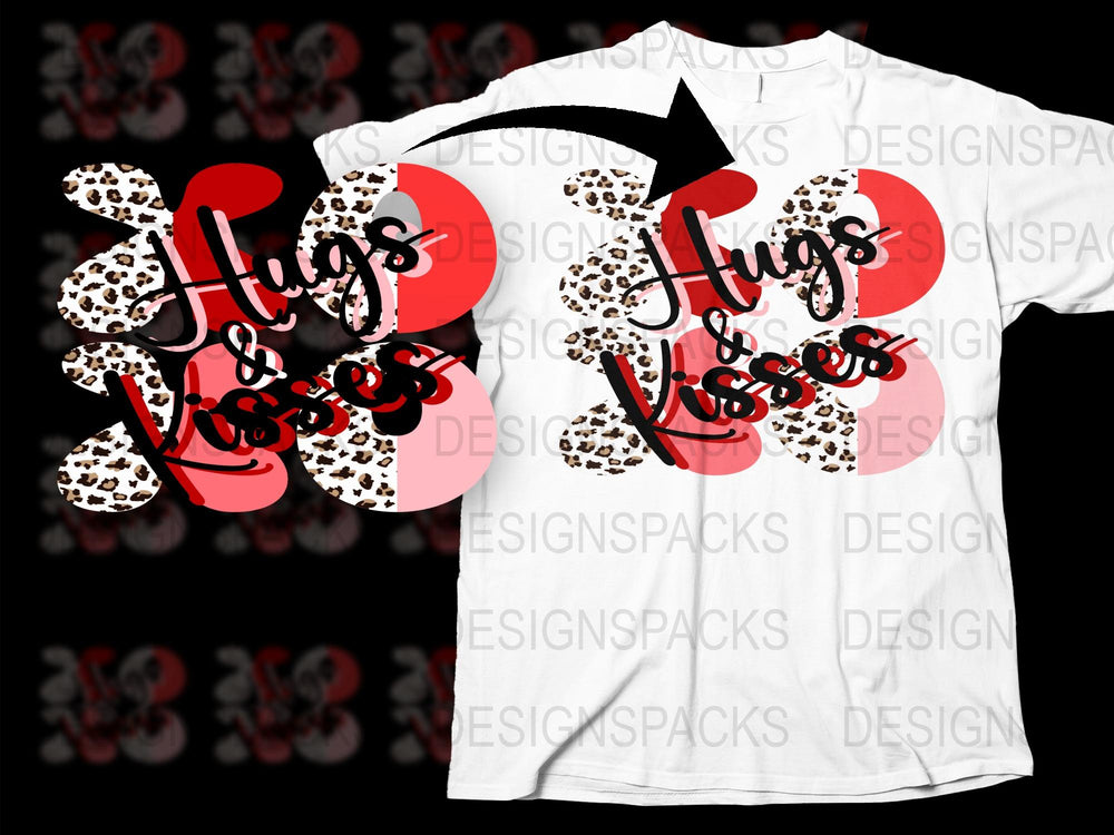 Hugs Kisses Leopard Print Polka Dot Valentine's Day T-Shirt, Red White Graphic Tee for Women and Men