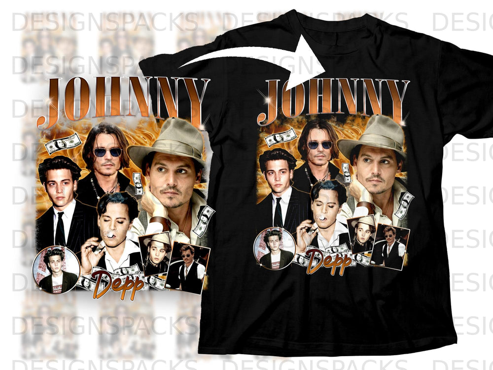 Collage of Johnny Depp images with "Johnny Depp" text and dollar bills.