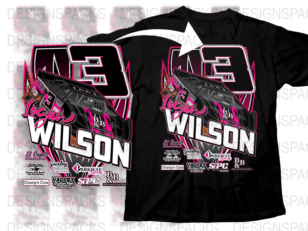 Logan Wilson racing design with pink and black race car, bold number 3, and sponsor logos on black t-shirt