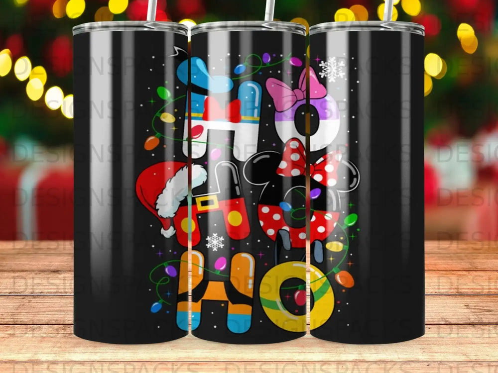 "HO HO HO" text with Mickey Mouse ears, Santa hat, and snowflakes on a tumbler.