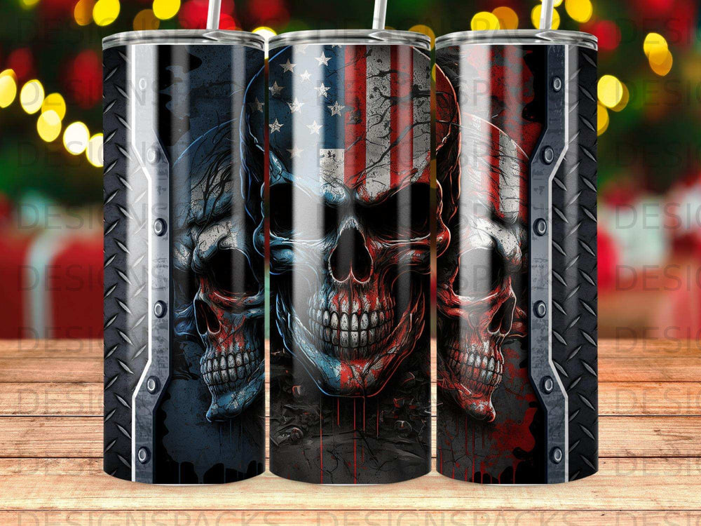 Three skulls with American flag designs, on textured tumblers.