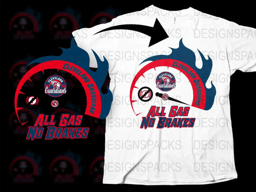 Cleveland Guardians 'All Gas No Brakes' t-shirt design with speedometer graphic and flame accents