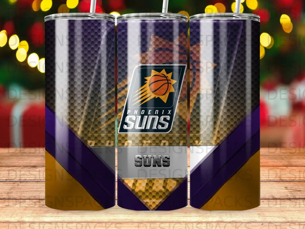 Phoenix Suns logo on a purple and gold gradient tumbler.