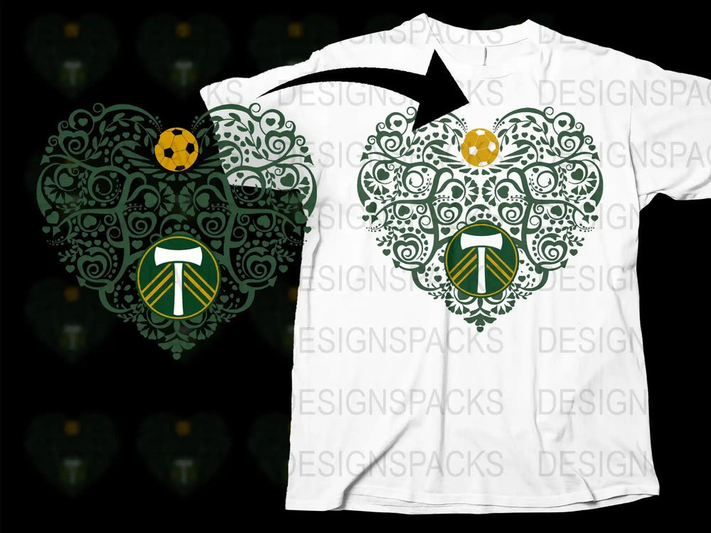 Soccer-themed heart design with green patterns and team logo on white t-shirt