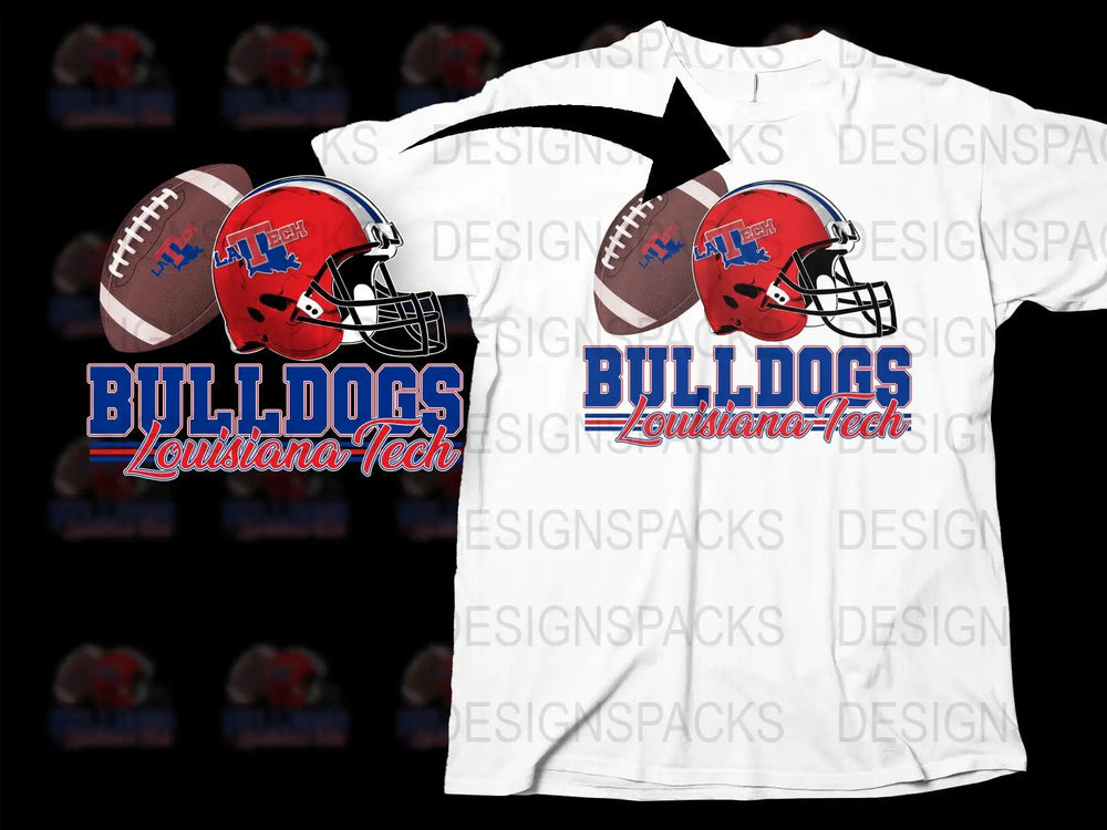 Louisiana Tech Bulldogs football helmet and ball design on white t-shirt, print-ready graphic