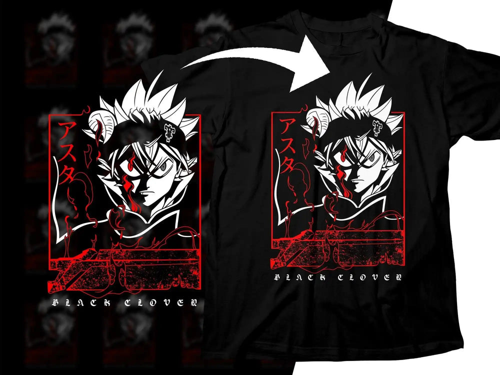 Black Clover Asta anime t-shirt design with red and white graphic, print-ready for DTG/DTF
