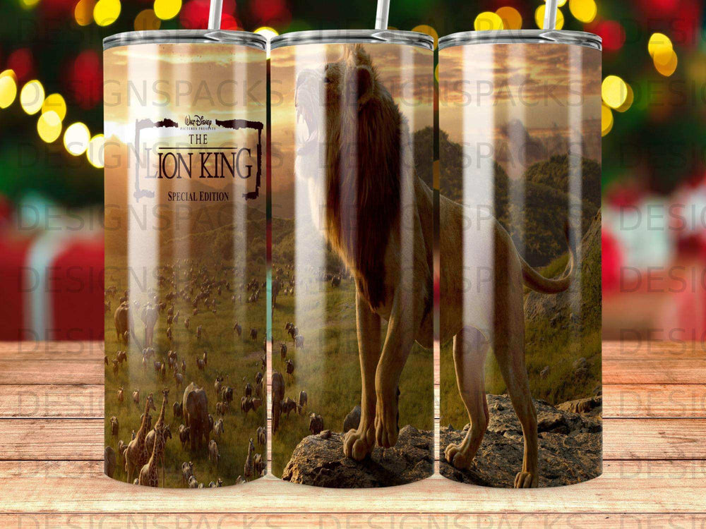 Lion King Special Edition tumbler with Simba standing on rocks, surrounded by a savanna.