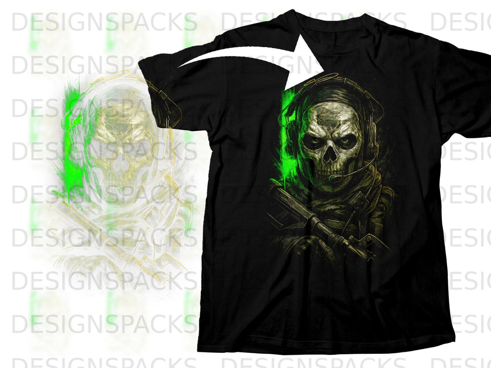 Black t-shirt with a graphic of a skull wearing headphones and holding a rifle.
